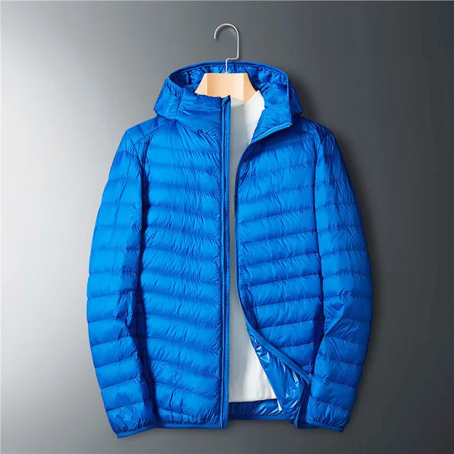 Itin plona vyriška pūkinė striukė, balta striukė su gobtuvu