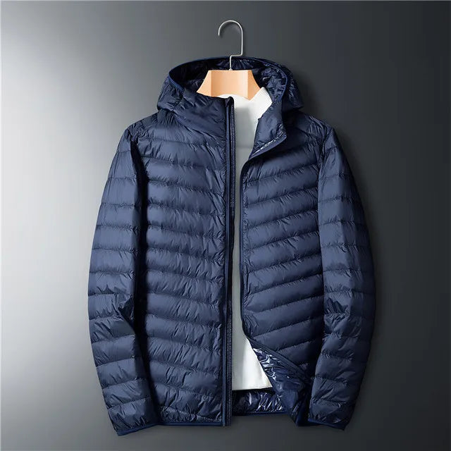 Itin plona vyriška pūkinė striukė, balta striukė su gobtuvu