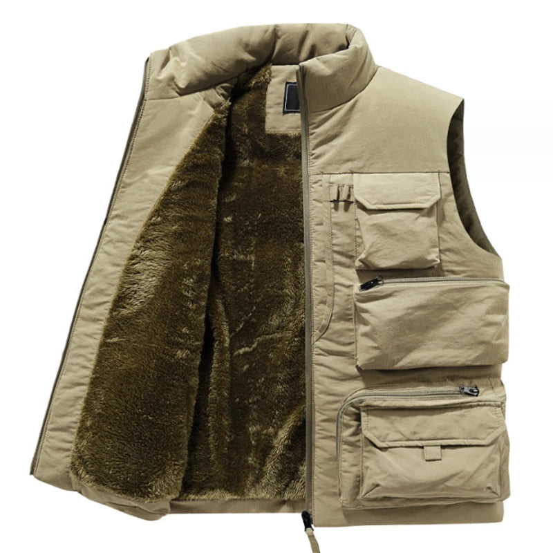 New Fashion Men Cargo Vest Winter Thick Fleece Warm Sleeveless Sport Jacket