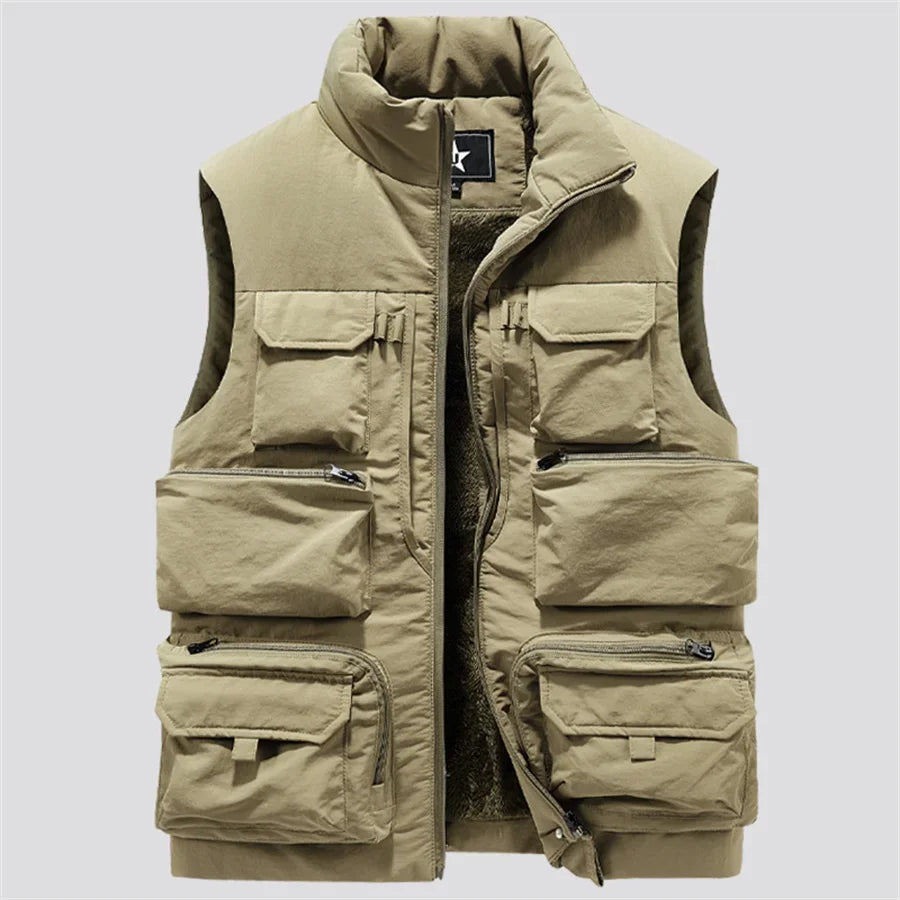 New Fashion Men Cargo Vest Winter Thick Fleece Warm Sleeveless Sport Jacket