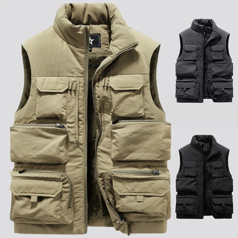 New Fashion Men Cargo Vest Winter Thick Fleece Warm Sleeveless Sport Jacket