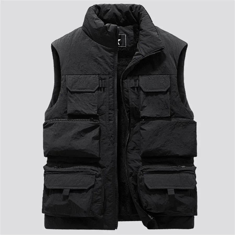 New Fashion Men Cargo Vest Winter Thick Fleece Warm Sleeveless Sport Jacket