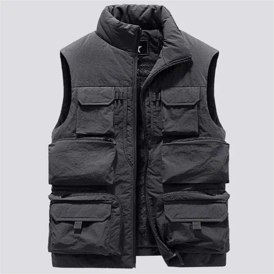 New Fashion Men Cargo Vest Winter Thick Fleece Warm Sleeveless Sport Jacket